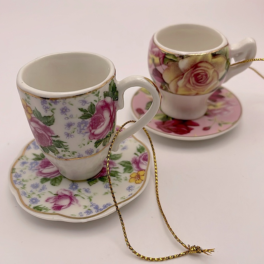 Vintage, China Teacup Ornaments with Florals and Gold Accents